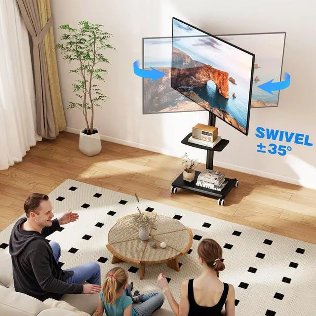 Alt view image 2 of 7 - Rfiver Rolling TV Stand for 32-60 Inch TVs, 70° Swivel & Height Adjustable Mobile TV Cart for Optimal Viewing, Space Saving Floor TV Stand with Wheels Up to 88 lbs for Corner, Bedroom, Living Room