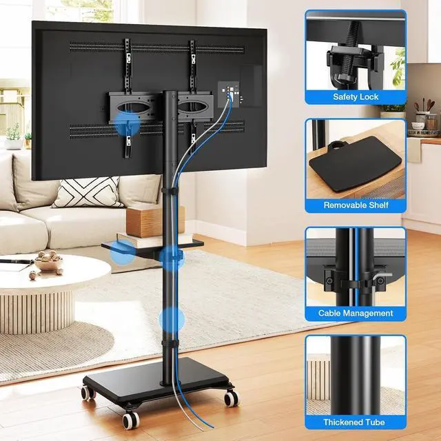 Alt view image 5 of 7 - Rfiver Rolling TV Stand for 32-60 Inch TVs, 70° Swivel & Height Adjustable Mobile TV Cart for Optimal Viewing, Space Saving Floor TV Stand with Wheels Up to 88 lbs for Corner, Bedroom, Living Room