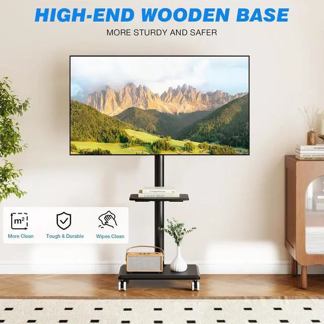 Alt view image 7 of 7 - Rfiver Rolling TV Stand for 32-60 Inch TVs, 70° Swivel & Height Adjustable Mobile TV Cart for Optimal Viewing, Space Saving Floor TV Stand with Wheels Up to 88 lbs for Corner, Bedroom, Living Room