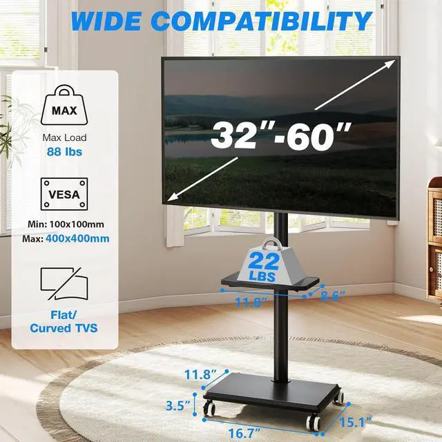 Alt view image 6 of 7 - Rfiver Rolling TV Stand for 32-60 Inch TVs, 70° Swivel & Height Adjustable Mobile TV Cart for Optimal Viewing, Space Saving Floor TV Stand with Wheels Up to 88 lbs for Corner, Bedroom, Living Room