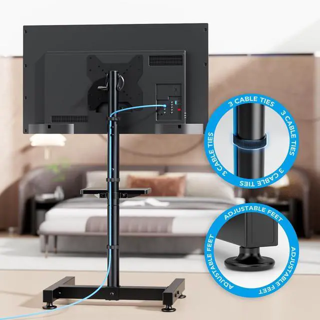 Alt view image 6 of 7 - Floor TV Stand with Mount for 13-50 inch Screens, Tilting and Height Adjustable Floor Monitor Stand Mount, Portrait to Landscape, Portable TV Stand with Shelf Holds up to 77lbs Max VESA 200x200mm
