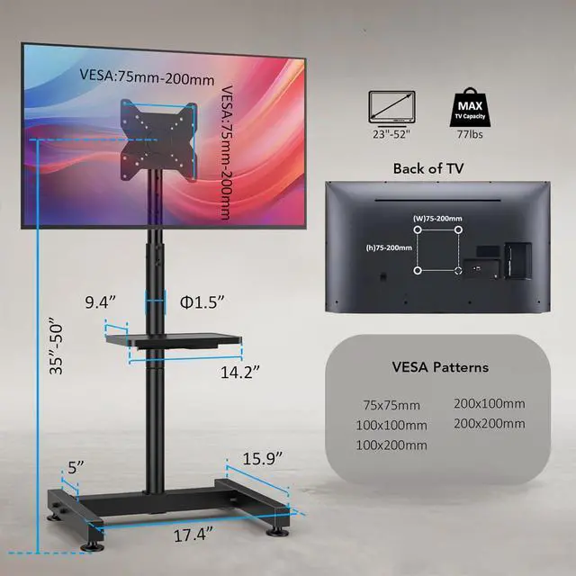 Alt view image 7 of 7 - Floor TV Stand with Mount for 13-50 inch Screens, Tilting and Height Adjustable Floor Monitor Stand Mount, Portrait to Landscape, Portable TV Stand with Shelf Holds up to 77lbs Max VESA 200x200mm