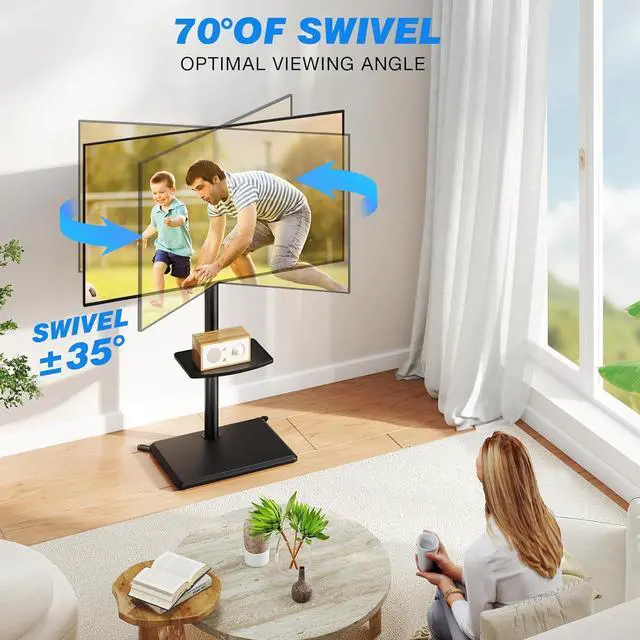 Alt view image 3 of 7 - Rfiver Swivel Floor TV Stand with Mount for 32-60 Inch TVs up to 88lbs, Height Adjustable TV Mount with Wood Base & Shelf, Space-Saving Design Tall TV Stands for Living Room, Bedroom, Corner
