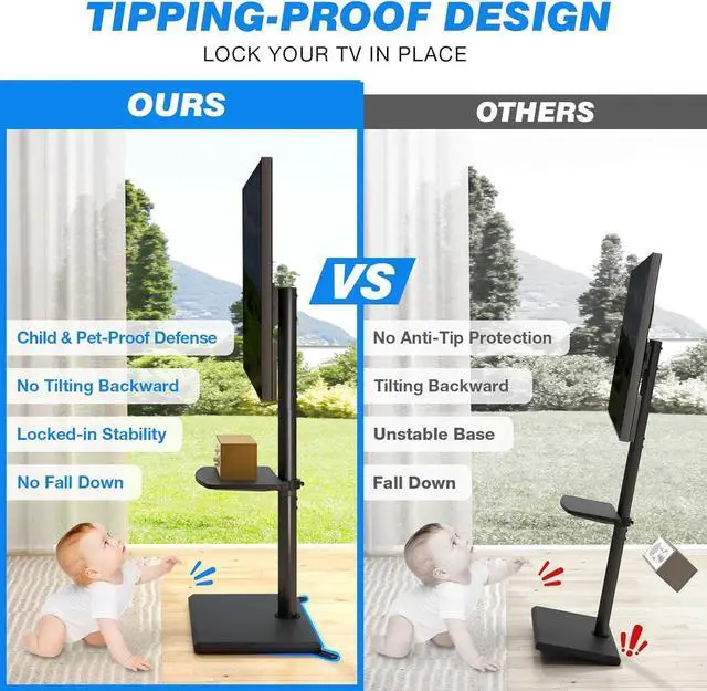 Alt view image 2 of 7 - Rfiver Swivel Floor TV Stand with Mount for 32-60 Inch TVs up to 88lbs, Height Adjustable TV Mount with Wood Base & Shelf, Space-Saving Design Tall TV Stands for Living Room, Bedroom, Corner