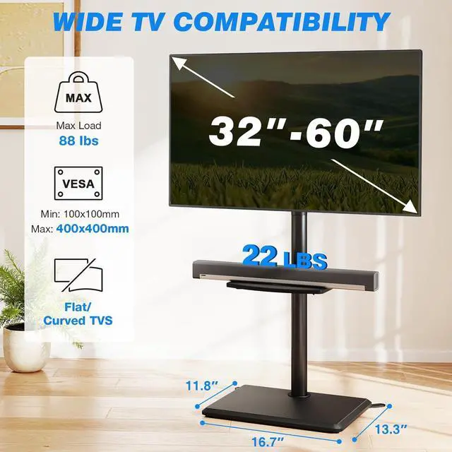 Alt view image 6 of 7 - Rfiver Swivel Floor TV Stand with Mount for 32-60 Inch TVs up to 88lbs, Height Adjustable TV Mount with Wood Base & Shelf, Space-Saving Design Tall TV Stands for Living Room, Bedroom, Corner