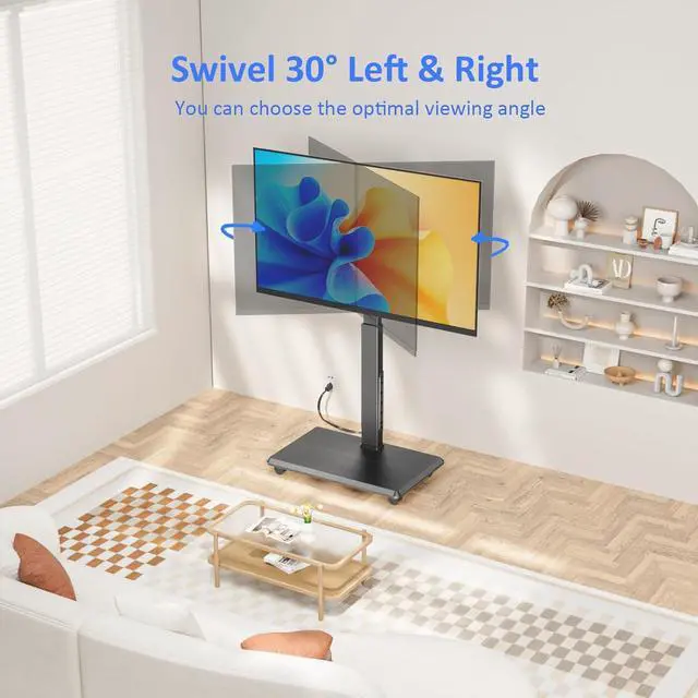 Alt view image 3 of 7 - Rolling TV Stand with Power Outlet, Mobile TV Stand for 32-75 Inch TVs up to 110 lbs, 30° Swivel TV Floor Stand, 18 Adjustable Heights, TV Cart on Wheels for Bedroom, Office, Outdoor, Black
