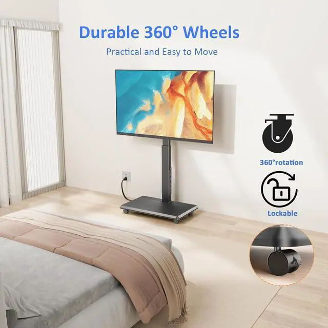 Alt view image 4 of 7 - Rolling TV Stand with Power Outlet, Mobile TV Stand for 32-75 Inch TVs up to 110 lbs, 30° Swivel TV Floor Stand, 18 Adjustable Heights, TV Cart on Wheels for Bedroom, Office, Outdoor, Black