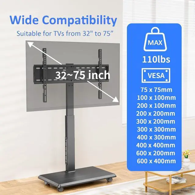 Alt view image 2 of 7 - Rolling TV Stand with Power Outlet, Mobile TV Stand for 32-75 Inch TVs up to 110 lbs, 30° Swivel TV Floor Stand, 18 Adjustable Heights, TV Cart on Wheels for Bedroom, Office, Outdoor, Black