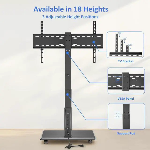Alt view image 5 of 7 - Rolling TV Stand with Power Outlet, Mobile TV Stand for 32-75 Inch TVs up to 110 lbs, 30° Swivel TV Floor Stand, 18 Adjustable Heights, TV Cart on Wheels for Bedroom, Office, Outdoor, Black