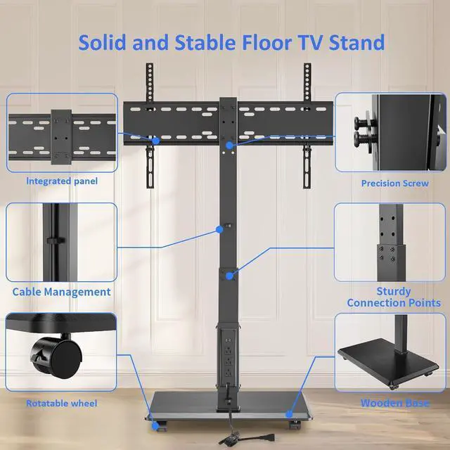 Alt view image 6 of 7 - Rolling TV Stand with Power Outlet, Mobile TV Stand for 32-75 Inch TVs up to 110 lbs, 30° Swivel TV Floor Stand, 18 Adjustable Heights, TV Cart on Wheels for Bedroom, Office, Outdoor, Black