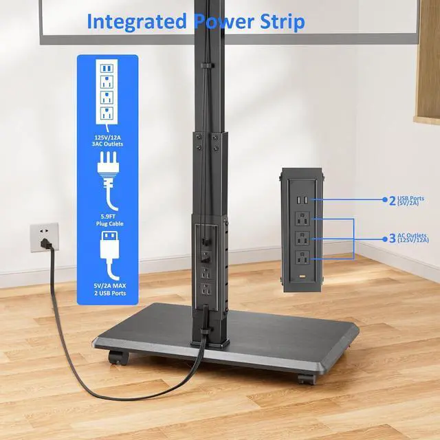 Alt view image 7 of 7 - Rolling TV Stand with Power Outlet, Mobile TV Stand for 32-75 Inch TVs up to 110 lbs, 30° Swivel TV Floor Stand, 18 Adjustable Heights, TV Cart on Wheels for Bedroom, Office, Outdoor, Black