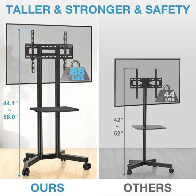 Alt view image 2 of 7 - YOMT Portable Rolling TV Stand for 32-75 inch TVs, Height Adjustable Mobile TV Cart with Locking Casters, Heavy Duty Universal TV Stand On Wheels with Removable Shelf for Living Room, Bedroom, Office
