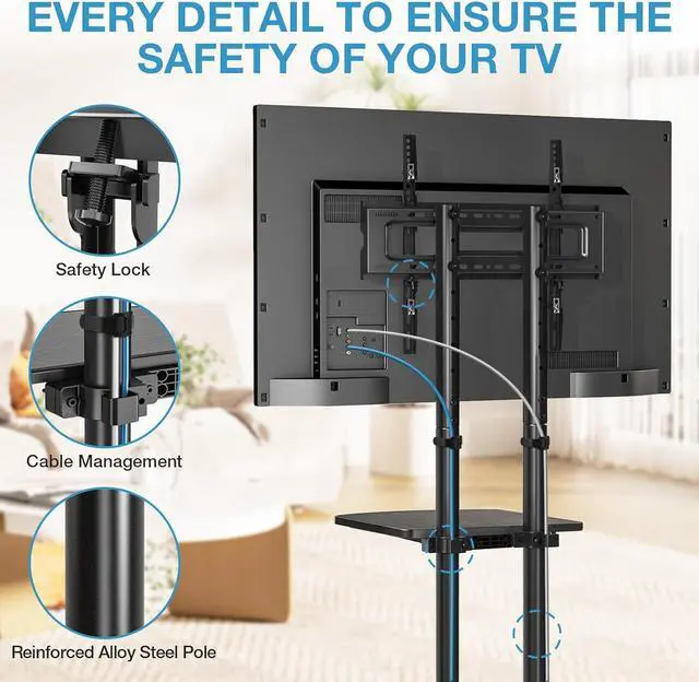 Alt view image 5 of 7 - YOMT Portable Rolling TV Stand for 32-75 inch TVs, Height Adjustable Mobile TV Cart with Locking Casters, Heavy Duty Universal TV Stand On Wheels with Removable Shelf for Living Room, Bedroom, Office