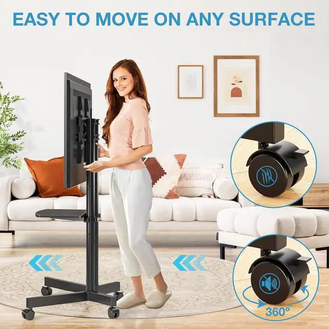 Alt view image 4 of 7 - YOMT Portable Rolling TV Stand for 32-75 inch TVs, Height Adjustable Mobile TV Cart with Locking Casters, Heavy Duty Universal TV Stand On Wheels with Removable Shelf for Living Room, Bedroom, Office