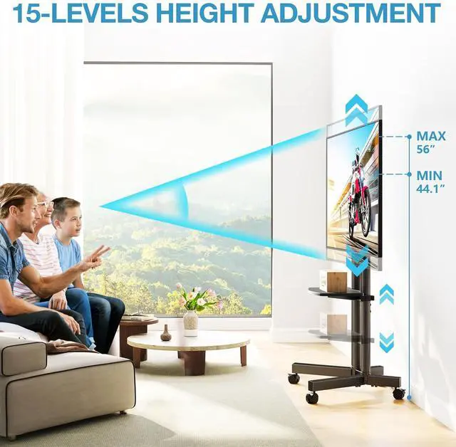 Alt view image 7 of 7 - YOMT Portable Rolling TV Stand for 32-75 inch TVs, Height Adjustable Mobile TV Cart with Locking Casters, Heavy Duty Universal TV Stand On Wheels with Removable Shelf for Living Room, Bedroom, Office
