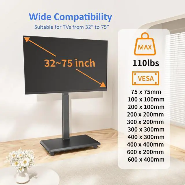 Alt view image 2 of 7 - Rolling TV Stand, Portable Mobile TV Stand for 32-75 Inch TVs up to 110 lbs, 18 Adjustable Heights, Max VESA 600x400mm, Rolling TV Cart on Wheels with Mount for Bedroom, Office, Outdoor