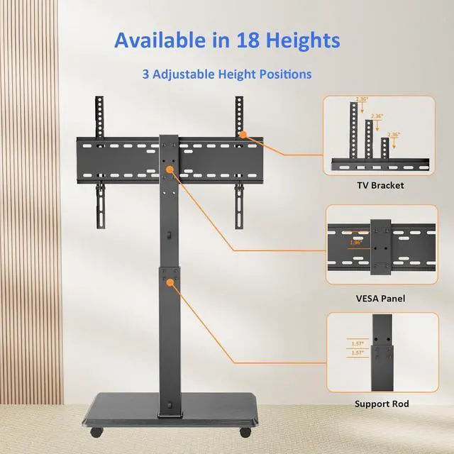 Alt view image 4 of 7 - Rolling TV Stand, Portable Mobile TV Stand for 32-75 Inch TVs up to 110 lbs, 18 Adjustable Heights, Max VESA 600x400mm, Rolling TV Cart on Wheels with Mount for Bedroom, Office, Outdoor