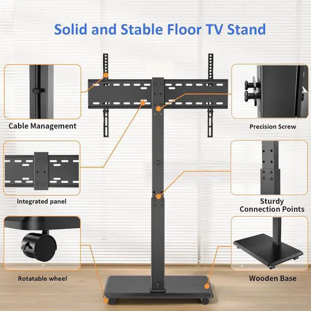 Alt view image 6 of 7 - Rolling TV Stand, Portable Mobile TV Stand for 32-75 Inch TVs up to 110 lbs, 18 Adjustable Heights, Max VESA 600x400mm, Rolling TV Cart on Wheels with Mount for Bedroom, Office, Outdoor