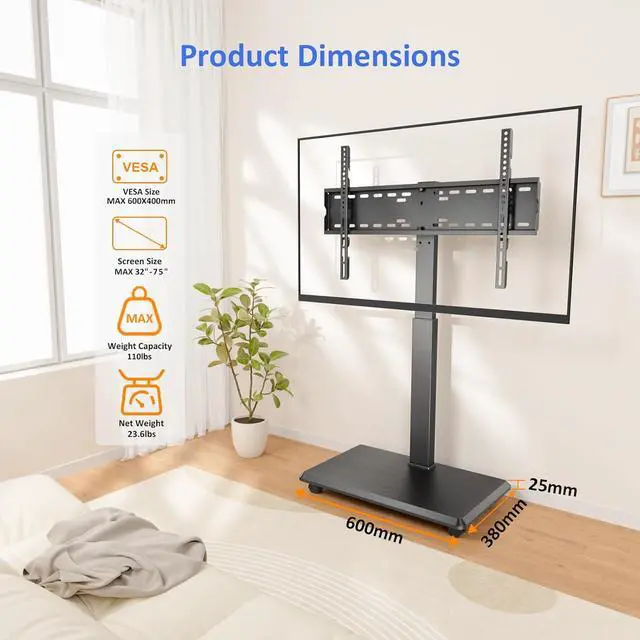 Alt view image 7 of 7 - Rolling TV Stand, Portable Mobile TV Stand for 32-75 Inch TVs up to 110 lbs, 18 Adjustable Heights, Max VESA 600x400mm, Rolling TV Cart on Wheels with Mount for Bedroom, Office, Outdoor