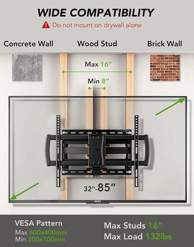 Alt view image 2 of 7 - AX WABER Full Motion TV Wall Mount Bracket for Most 32-85 inch TVs,TV Mount with Dual Articulating Arms,Tilt/Swivel/Extension/Leveling,Fits 8 12 16" Studs,Max VESA 600x400mm, Holds up to 132lbs