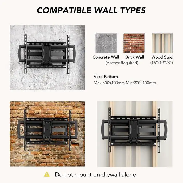 Alt view image 7 of 7 - AX WABER Full Motion TV Wall Mount Bracket for Most 32-85 inch TVs,TV Mount with Dual Articulating Arms,Tilt/Swivel/Extension/Leveling,Fits 8 12 16" Studs,Max VESA 600x400mm, Holds up to 132lbs