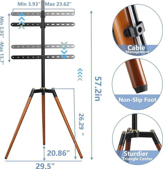 Alt view image 5 of 6 - Universal Tripod Easel TV Stand for 32-65 inch LED LCD Screen Flat Curved Screen, Height Adjustable Studio TV Display Stand with 140° Swivel for Bedroom, Living Room, Corner TV Stand