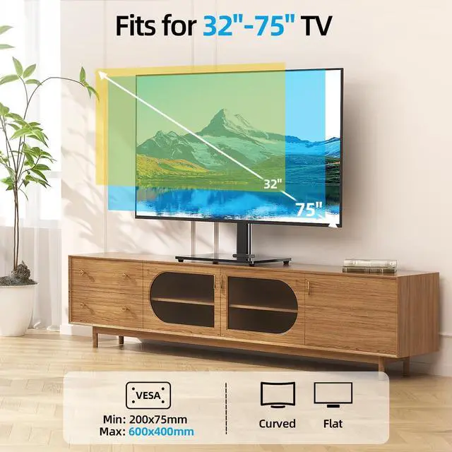 Alt view image 2 of 7 - Universal TV Stand for 32-75 inch TVs up to 110 lbs, Height Adjustable Table Top TV Stand with Mount for Living Room Bedroom, Tempered Glass Base, Max VESA 600x400mm