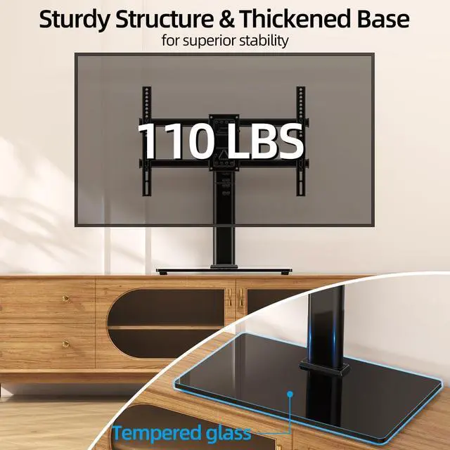 Alt view image 3 of 7 - Universal TV Stand for 32-75 inch TVs up to 110 lbs, Height Adjustable Table Top TV Stand with Mount for Living Room Bedroom, Tempered Glass Base, Max VESA 600x400mm