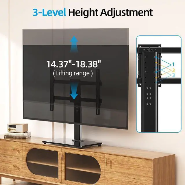 Alt view image 4 of 7 - Universal TV Stand for 32-75 inch TVs up to 110 lbs, Height Adjustable Table Top TV Stand with Mount for Living Room Bedroom, Tempered Glass Base, Max VESA 600x400mm