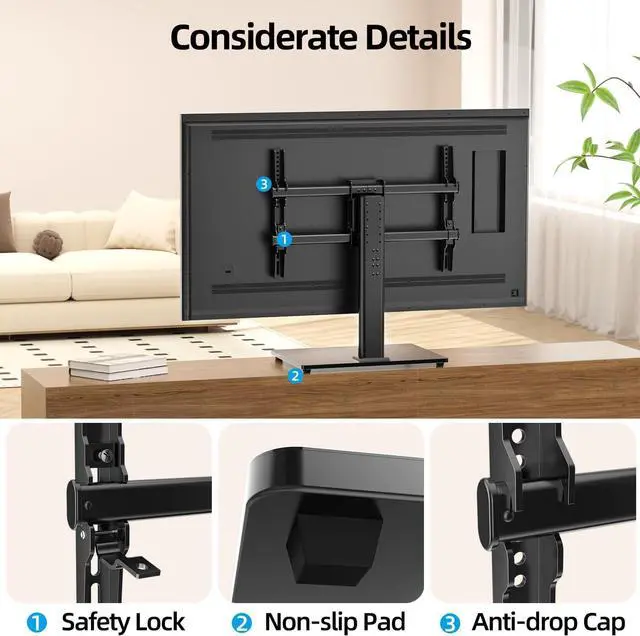 Alt view image 5 of 7 - Universal TV Stand for 32-75 inch TVs up to 110 lbs, Height Adjustable Table Top TV Stand with Mount for Living Room Bedroom, Tempered Glass Base, Max VESA 600x400mm