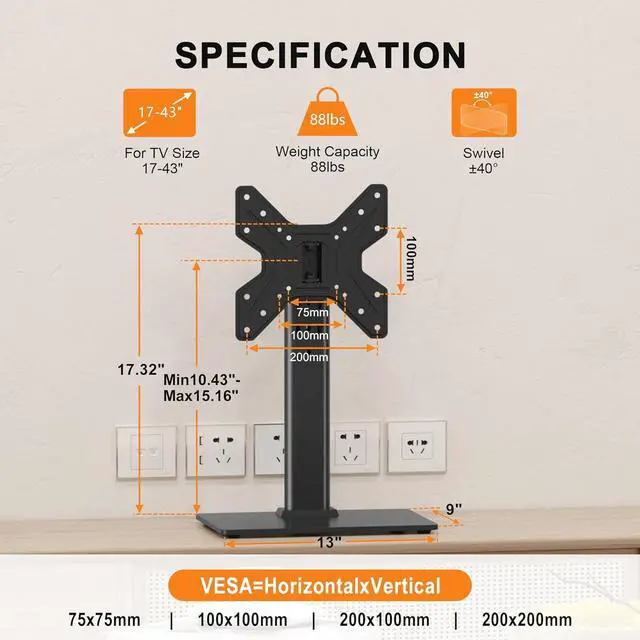 Alt view image 2 of 7 - Universal Swivel TV Stand Base Table Top TV Stand for 17-43 Inch TVs Height Adjustable Monitor Mount Stand, Holds up to 88lbs, Max VESA 200x200mm, TS205
