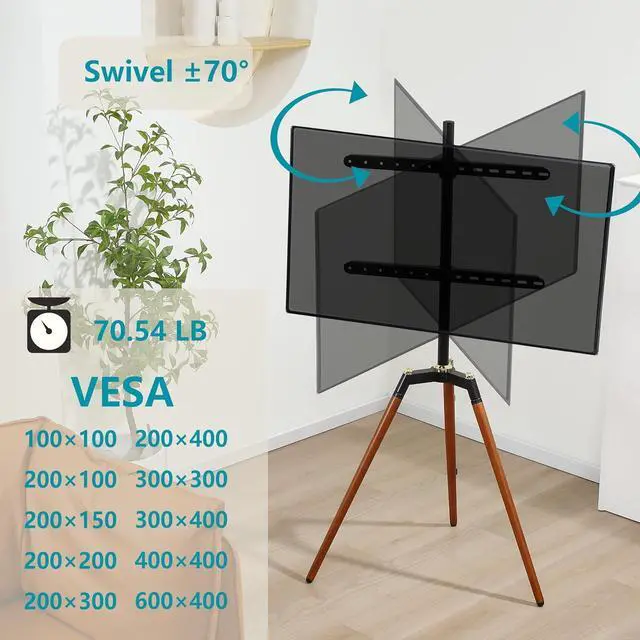 Alt view image 2 of 6 - Universal Tripod Easel TV Stand for 32-65 inch LED LCD Screen Flat Curved Screen, Height Adjustable Studio TV Display Stand with 140° Swivel for Bedroom, Living Room, Corner TV Stand
