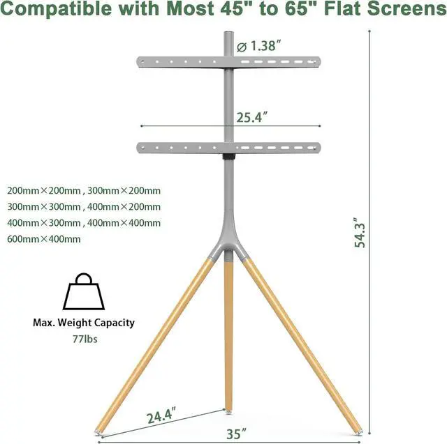Alt view image 2 of 7 - Easel TV Stand with Tripod Base for 45-65 inch LED LCD OLED Flat Screens, 180°Swivel TV Floor Stand for Apartment, Bedroom, Studio - Height Adjustable Portable TV Stand w/Cable Ties, Gray