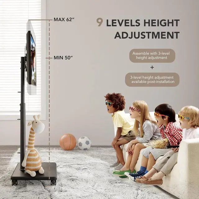 Alt view image 3 of 7 - AX WABER Universal Floor TV Stand, Portable Rolling Floor TV Mount with Wheels, 80 Degree Swivel Height Adjustable for 27 to 65 Inch LCD LED OLED, Holds up to 88 lbs Mobile TV Cart, Max VESA 400x400mm