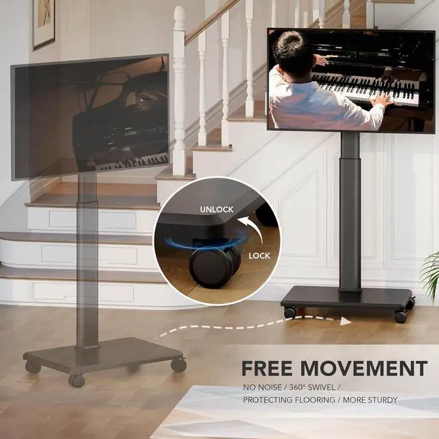 Alt view image 4 of 7 - AX WABER Universal Floor TV Stand, Portable Rolling Floor TV Mount with Wheels, 80 Degree Swivel Height Adjustable for 27 to 65 Inch LCD LED OLED, Holds up to 88 lbs Mobile TV Cart, Max VESA 400x400mm