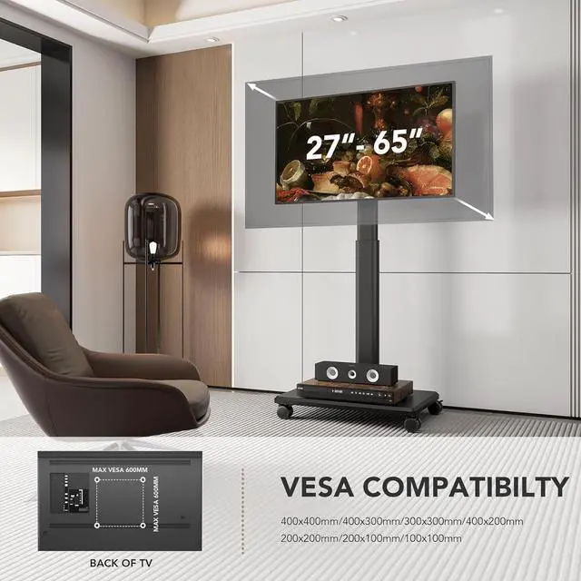 Alt view image 5 of 7 - AX WABER Universal Floor TV Stand, Portable Rolling Floor TV Mount with Wheels, 80 Degree Swivel Height Adjustable for 27 to 65 Inch LCD LED OLED, Holds up to 88 lbs Mobile TV Cart, Max VESA 400x400mm