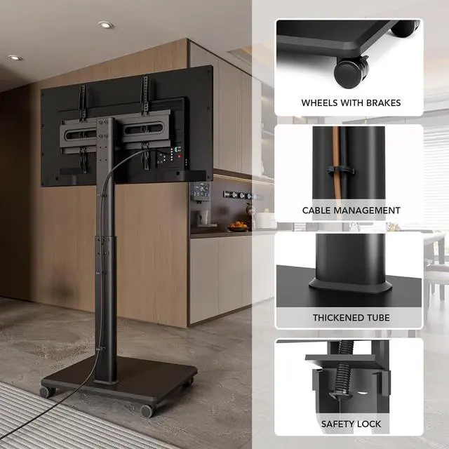 Alt view image 6 of 7 - AX WABER Universal Floor TV Stand, Portable Rolling Floor TV Mount with Wheels, 80 Degree Swivel Height Adjustable for 27 to 65 Inch LCD LED OLED, Holds up to 88 lbs Mobile TV Cart, Max VESA 400x400mm