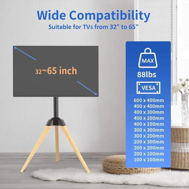 Alt view image 2 of 6 - Wood Easel TV Stand for 32 to 65 Inch LCD LED OLED Screen, 25°Swivel Tripod TV Mount Portable Height Adjustable TV Floor Stand for Studio, Office, Bedroom Living Room, VESA 600x400mm (Black)