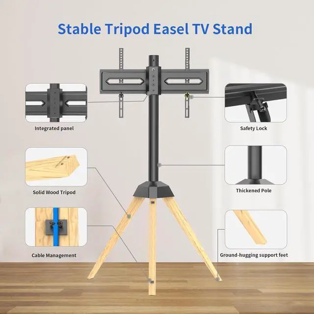 Alt view image 5 of 6 - Wood Easel TV Stand for 32 to 65 Inch LCD LED OLED Screen, 25°Swivel Tripod TV Mount Portable Height Adjustable TV Floor Stand for Studio, Office, Bedroom Living Room, VESA 600x400mm (Black)
