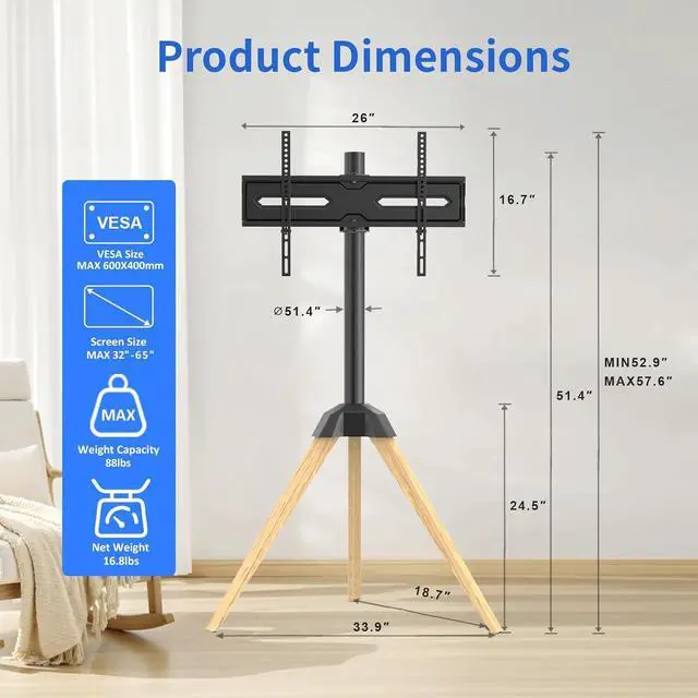Alt view image 6 of 6 - Wood Easel TV Stand for 32 to 65 Inch LCD LED OLED Screen, 25°Swivel Tripod TV Mount Portable Height Adjustable TV Floor Stand for Studio, Office, Bedroom Living Room, VESA 600x400mm (Black)