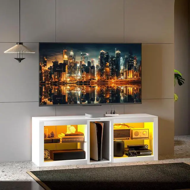 Alt view image 2 of 7 - HOMCOM Modern TV Stand with LED Lights and Power Outlets for 55 Inch TV, 51" High Gloss Entertainment Center with Adjustable Glass Shelves, TV Console for Bedroom, Living Room, White