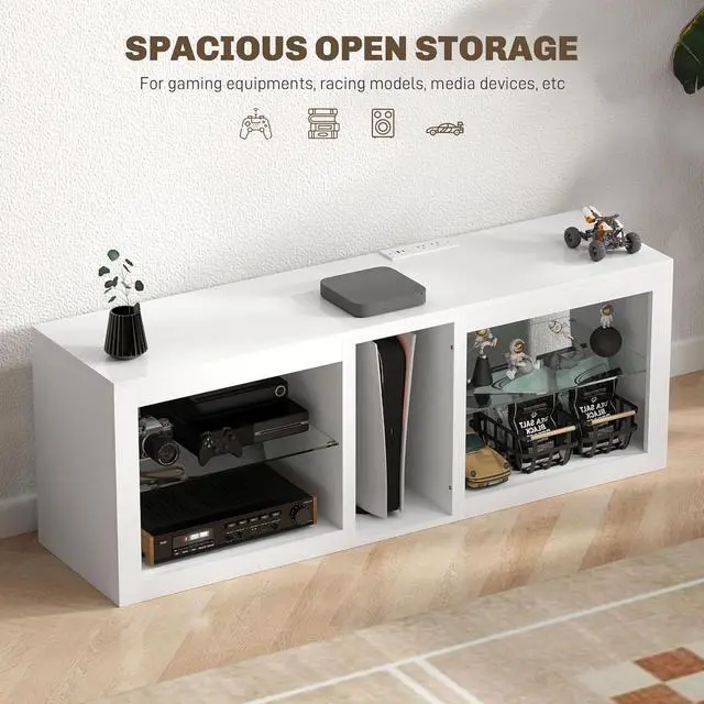 Alt view image 5 of 7 - HOMCOM Modern TV Stand with LED Lights and Power Outlets for 55 Inch TV, 51" High Gloss Entertainment Center with Adjustable Glass Shelves, TV Console for Bedroom, Living Room, White