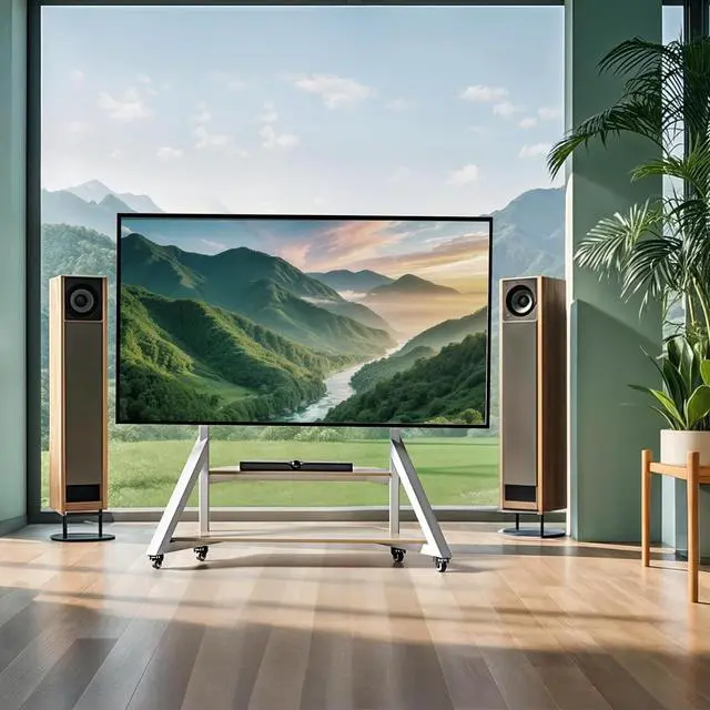 Alt view image 2 of 7 - unho White TV Floor Stand with Wheels Shelves for 65 to 100 inch Large LCD/LED Flat Curved Screen up to 220lbs, Adjustable Heights TV Mount Stands VESA 800x600mm, Rolling TV Stand for Bedroom Office