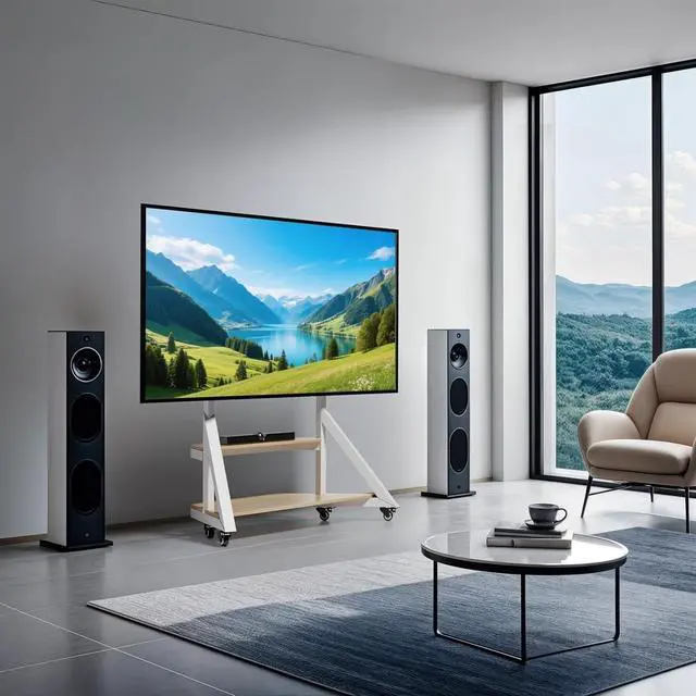 Alt view image 4 of 7 - unho White TV Floor Stand with Wheels Shelves for 65 to 100 inch Large LCD/LED Flat Curved Screen up to 220lbs, Adjustable Heights TV Mount Stands VESA 800x600mm, Rolling TV Stand for Bedroom Office