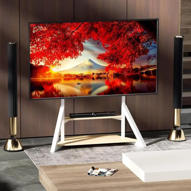 Alt view image 5 of 7 - unho White TV Floor Stand with Wheels Shelves for 65 to 100 inch Large LCD/LED Flat Curved Screen up to 220lbs, Adjustable Heights TV Mount Stands VESA 800x600mm, Rolling TV Stand for Bedroom Office