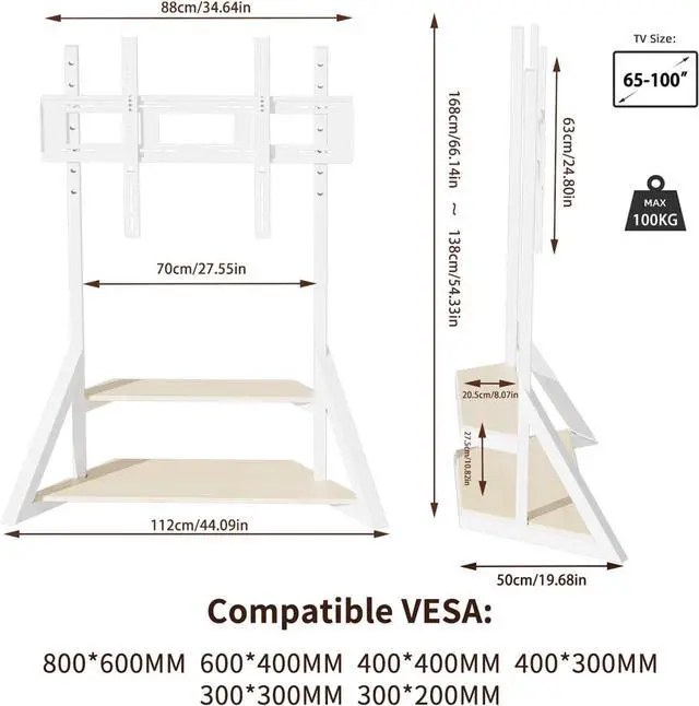 Alt view image 7 of 7 - unho White TV Floor Stand with Wheels Shelves for 65 to 100 inch Large LCD/LED Flat Curved Screen up to 220lbs, Adjustable Heights TV Mount Stands VESA 800x600mm, Rolling TV Stand for Bedroom Office