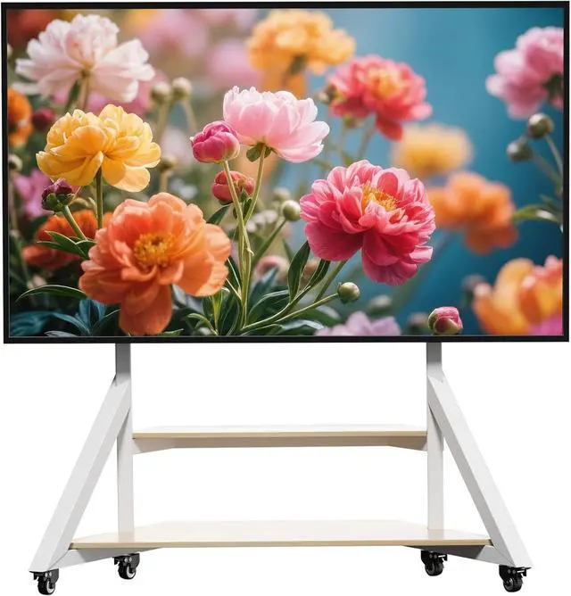 Main image of unho White TV Floor Stand with Wheels Shelves for 65 to 100 inch Large LCD/LED Flat Curved Screen up to 220lbs, Adjustable Heights TV Mount Stands VESA 800x600mm, Rolling TV Stand for Bedroom Office