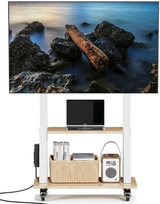 Main image of Mobile TV Stand with Power Outlet, Wood Shelf Portable TV Stand on Wheels for 32 to 55 65 70 75 inch Television, Height Adjustable White TV Cart, Holds up to 130LBS, Vesa 600×400mm.