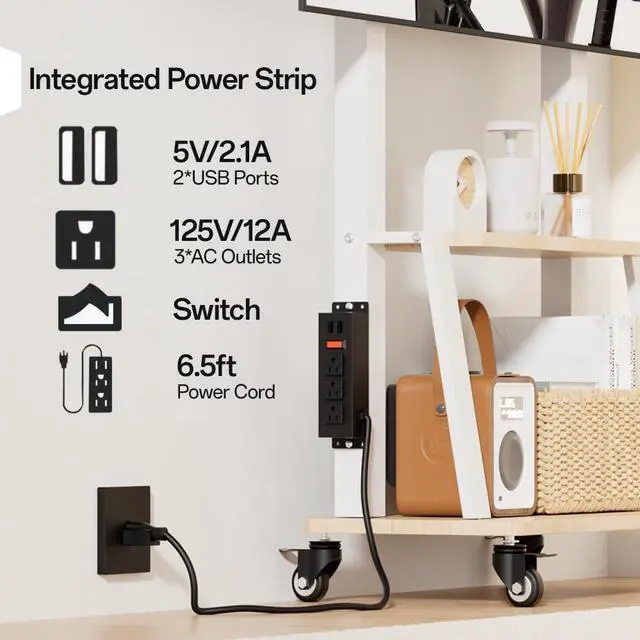 Alt view image 2 of 7 - Mobile TV Stand with Power Outlet, Wood Shelf Portable TV Stand on Wheels for 32 to 55 65 70 75 inch Television, Height Adjustable White TV Cart, Holds up to 130LBS, Vesa 600×400mm.