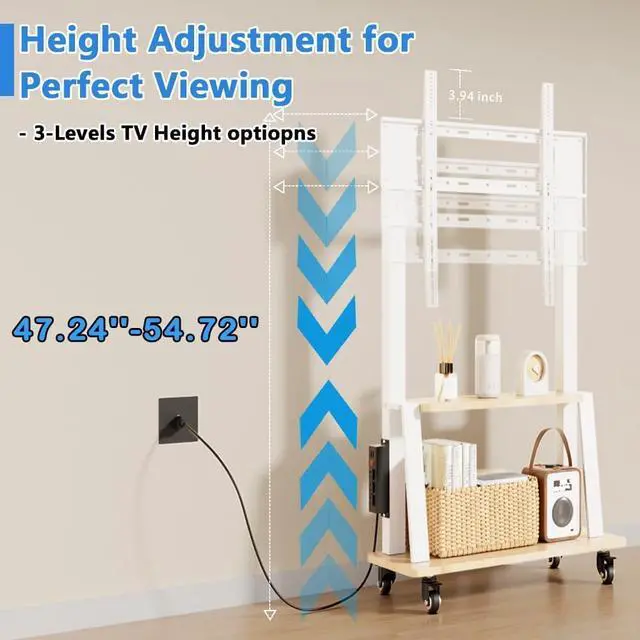 Alt view image 4 of 7 - Mobile TV Stand with Power Outlet, Wood Shelf Portable TV Stand on Wheels for 32 to 55 65 70 75 inch Television, Height Adjustable White TV Cart, Holds up to 130LBS, Vesa 600×400mm.